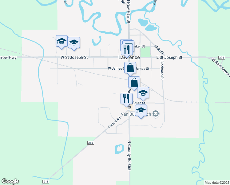map of restaurants, bars, coffee shops, grocery stores, and more near 400 South Paw Paw Street in Lawrence