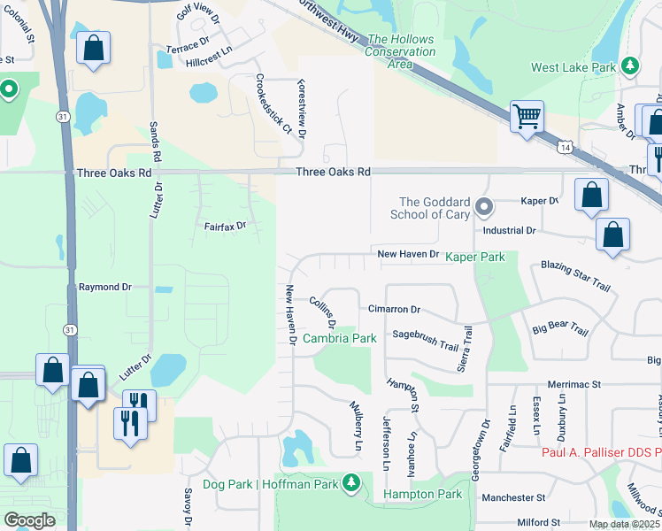 map of restaurants, bars, coffee shops, grocery stores, and more near 1361 New Haven Drive in Cary