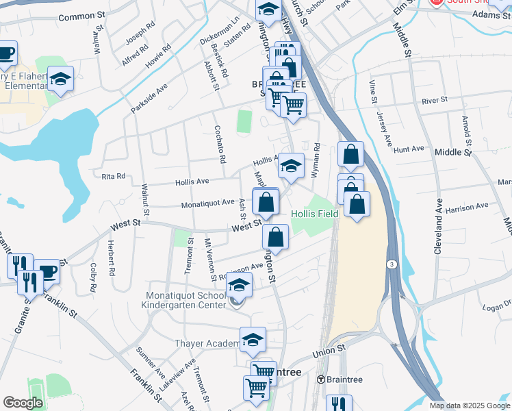 map of restaurants, bars, coffee shops, grocery stores, and more near 20 Monatiquot Avenue in Braintree