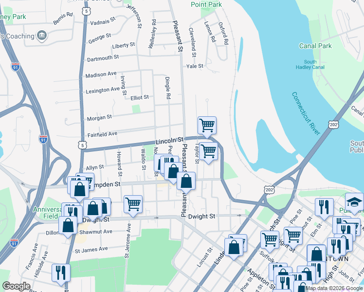 map of restaurants, bars, coffee shops, grocery stores, and more near 53 Lincoln Street in Holyoke
