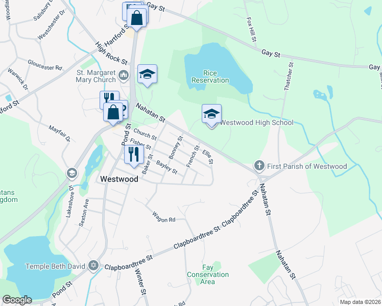 map of restaurants, bars, coffee shops, grocery stores, and more near 59 Ellis Street in Westwood