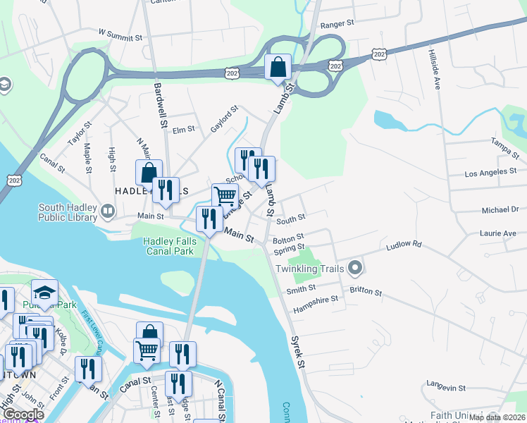 map of restaurants, bars, coffee shops, grocery stores, and more near 18 Pleasant Street in South Hadley