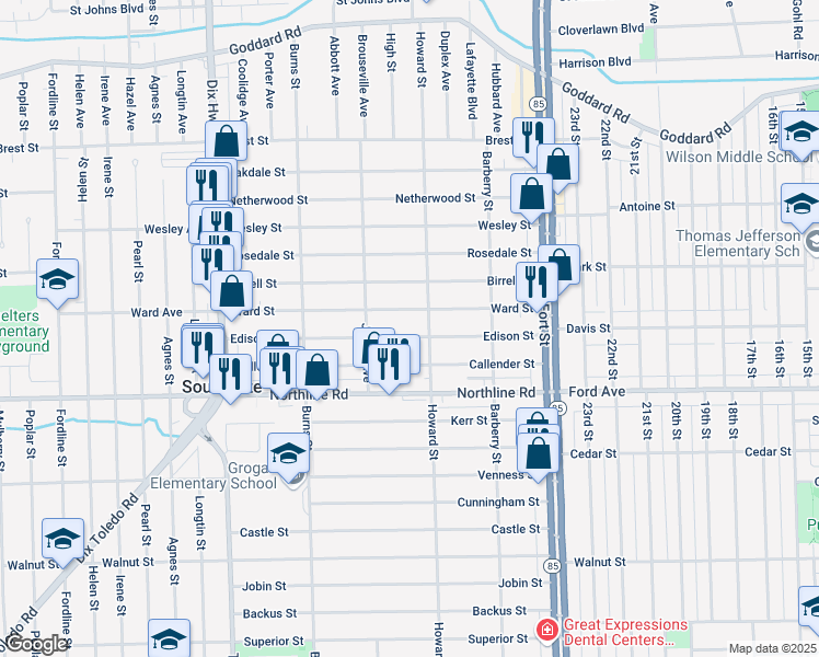 map of restaurants, bars, coffee shops, grocery stores, and more near 13297 Ward Street in Southgate