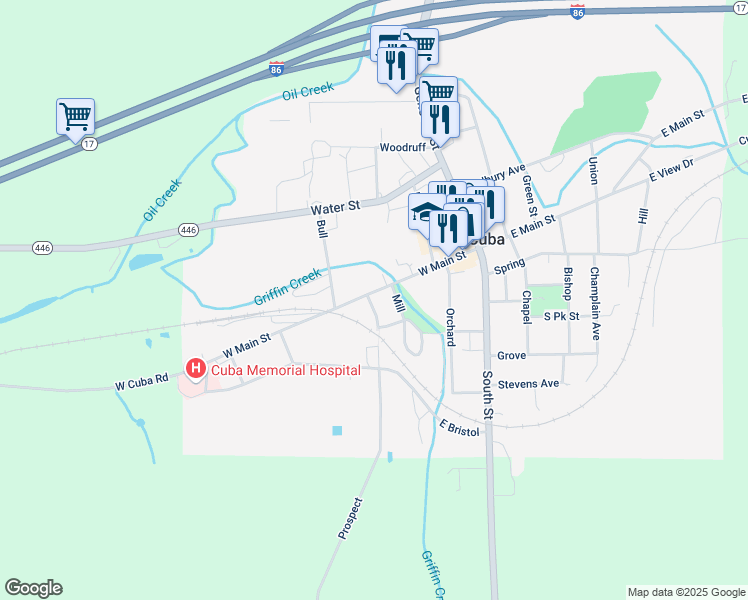 map of restaurants, bars, coffee shops, grocery stores, and more near 91 West Main Street in Cuba