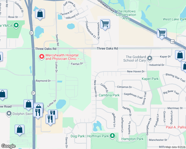map of restaurants, bars, coffee shops, grocery stores, and more near 542 New Haven Drive in Cary