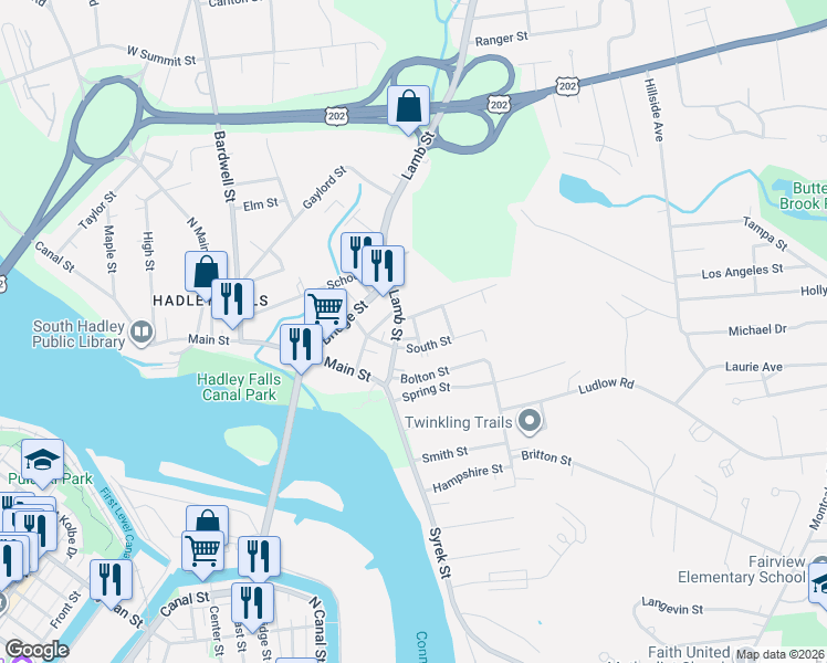 map of restaurants, bars, coffee shops, grocery stores, and more near 3 North Street in South Hadley
