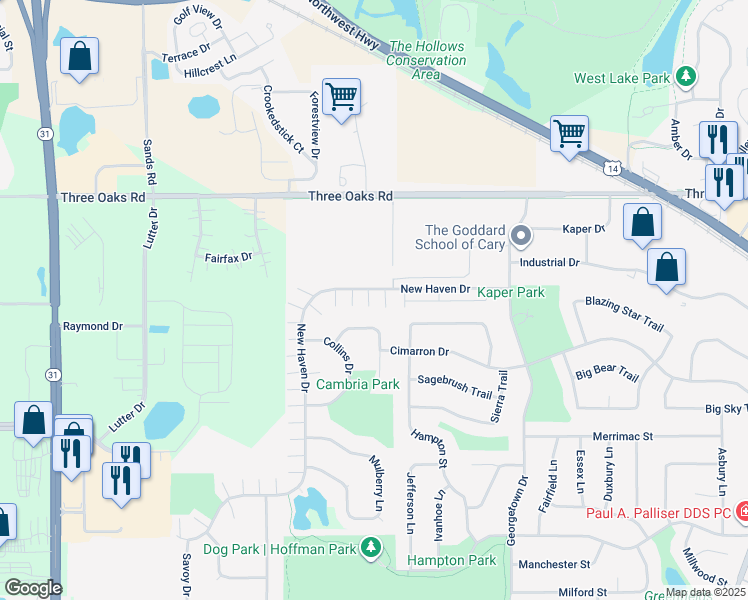 map of restaurants, bars, coffee shops, grocery stores, and more near 1329 New Haven Drive in Cary