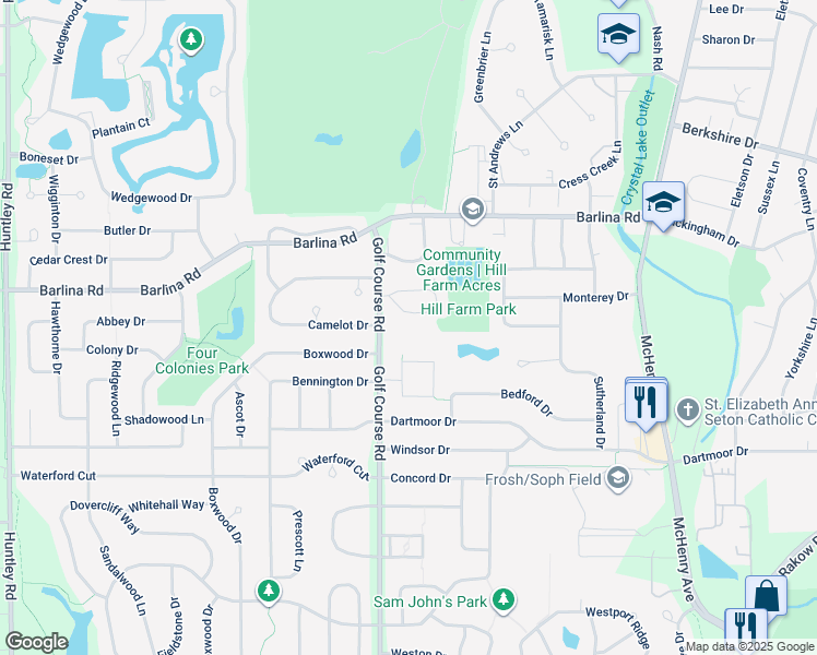 map of restaurants, bars, coffee shops, grocery stores, and more near 945 Golf Course Road in Crystal Lake