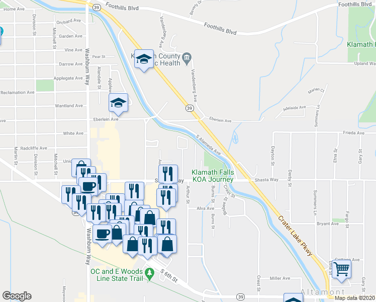 map of restaurants, bars, coffee shops, grocery stores, and more near 1400 Arthur Street in Klamath Falls