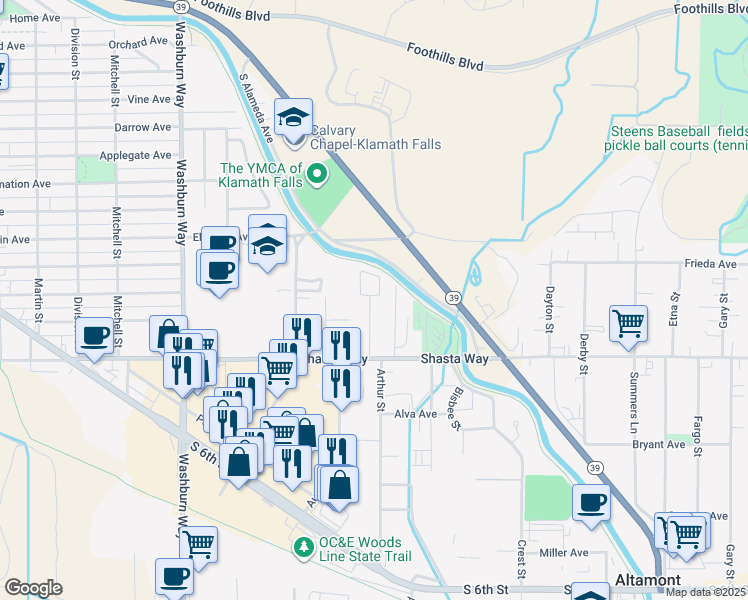 map of restaurants, bars, coffee shops, grocery stores, and more near 1400 Arthur Street in Klamath Falls