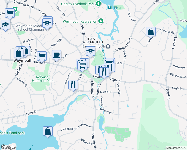map of restaurants, bars, coffee shops, grocery stores, and more near 864-884 Broad Street in Weymouth