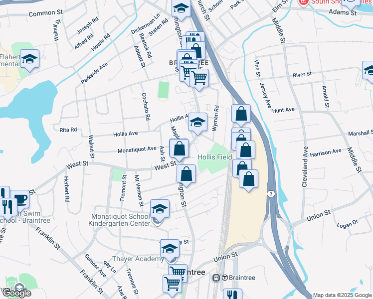 map of restaurants, bars, coffee shops, grocery stores, and more near 497 Washington Street in Braintree