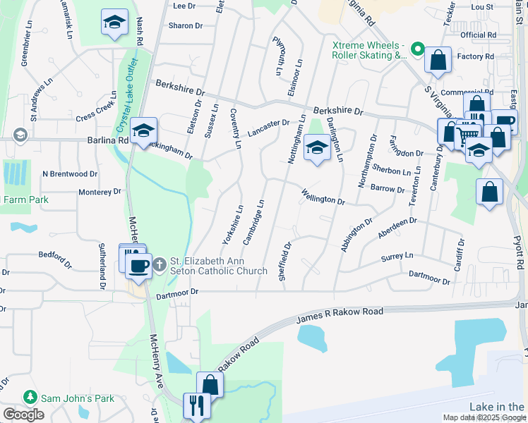 map of restaurants, bars, coffee shops, grocery stores, and more near 892 Cambridge Lane in Crystal Lake