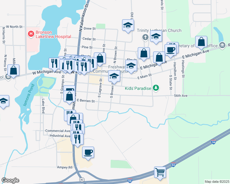 map of restaurants, bars, coffee shops, grocery stores, and more near East Paw Paw Street in Paw Paw