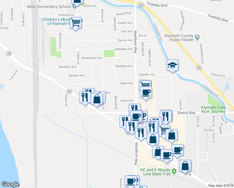 map of restaurants, bars, coffee shops, grocery stores, and more near 2404 Radcliffe Avenue in Klamath Falls