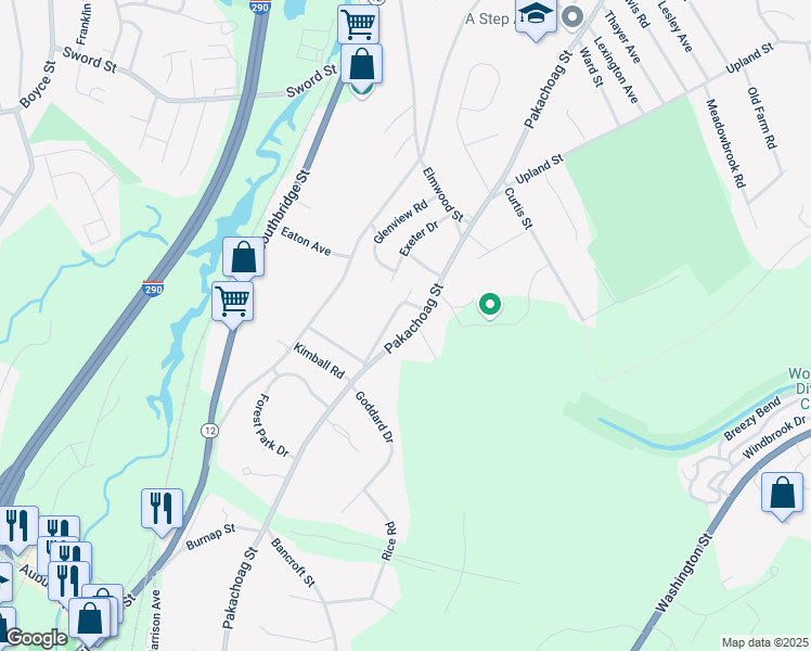 map of restaurants, bars, coffee shops, grocery stores, and more near 212 Pakachoag Street in Auburn