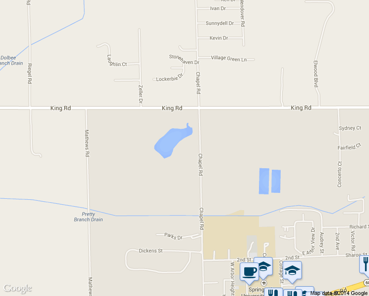 map of restaurants, bars, coffee shops, grocery stores, and more near 3222 Chapel Road in Spring Arbor
