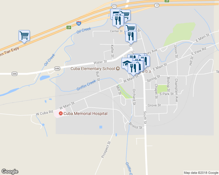 map of restaurants, bars, coffee shops, grocery stores, and more near 91 West Main Street in Cuba