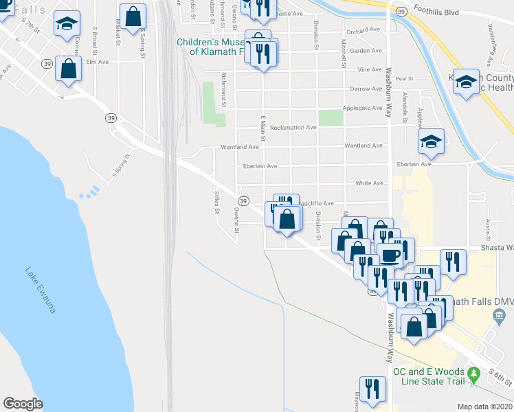 map of restaurants, bars, coffee shops, grocery stores, and more near 2109 Klamath Falls-Lakeview Highway in Klamath Falls