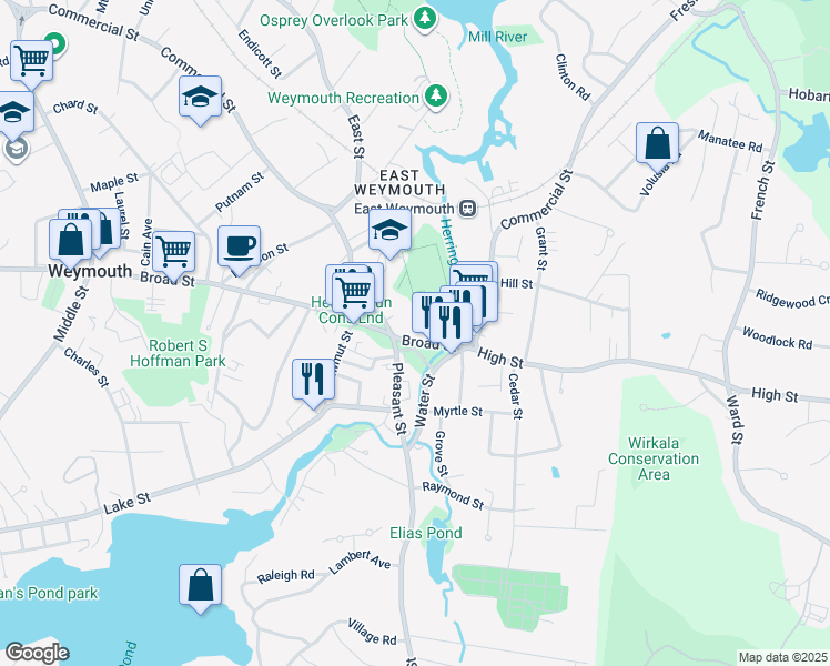 map of restaurants, bars, coffee shops, grocery stores, and more near 864-884 Broad Street in Weymouth