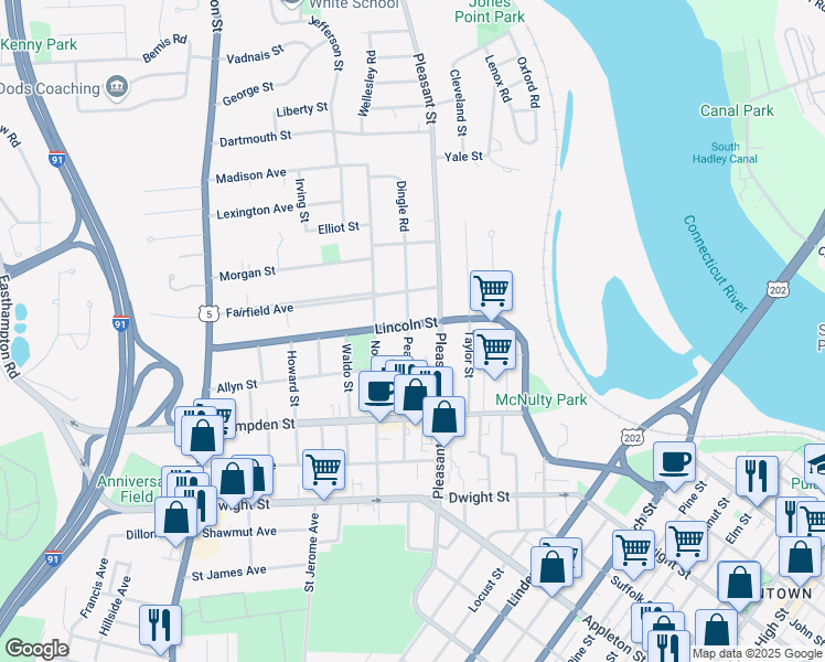 map of restaurants, bars, coffee shops, grocery stores, and more near 124 Pearl Street in Holyoke