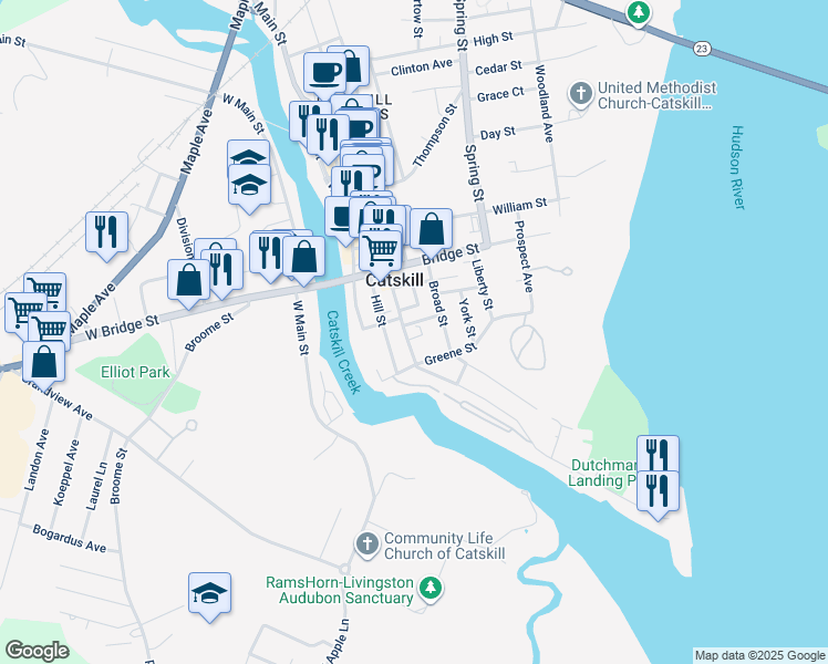 map of restaurants, bars, coffee shops, grocery stores, and more near 270 Main Street in Catskill