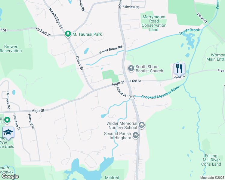 map of restaurants, bars, coffee shops, grocery stores, and more near 26 Friend Street in Hingham