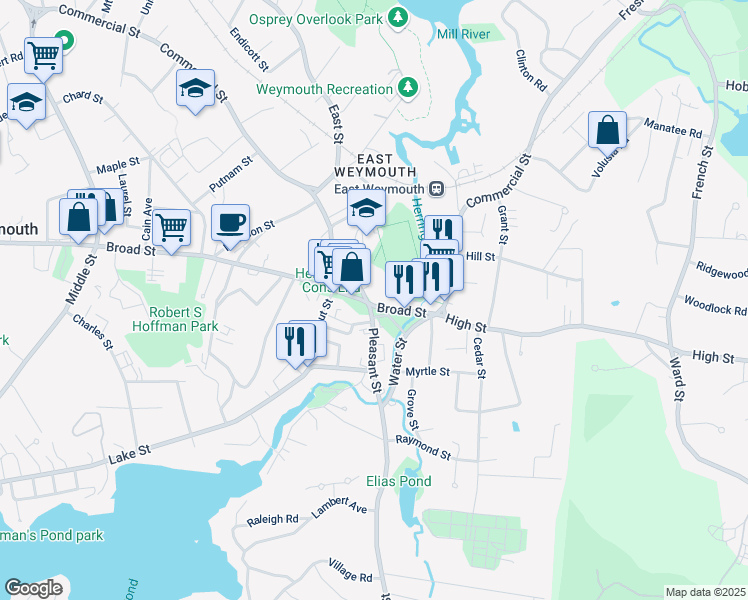 map of restaurants, bars, coffee shops, grocery stores, and more near 864-884 Broad Street in Weymouth