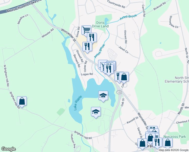 map of restaurants, bars, coffee shops, grocery stores, and more near 14 Logan Road in Grafton