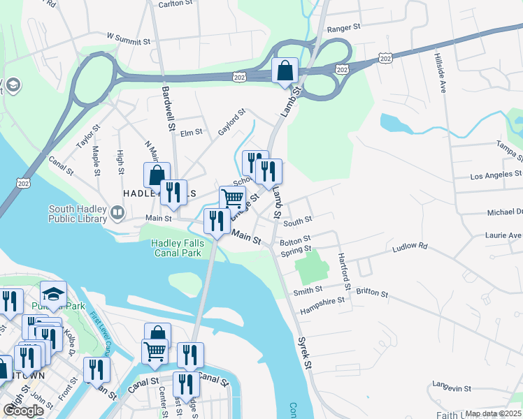 map of restaurants, bars, coffee shops, grocery stores, and more near 18 Pleasant Street in South Hadley
