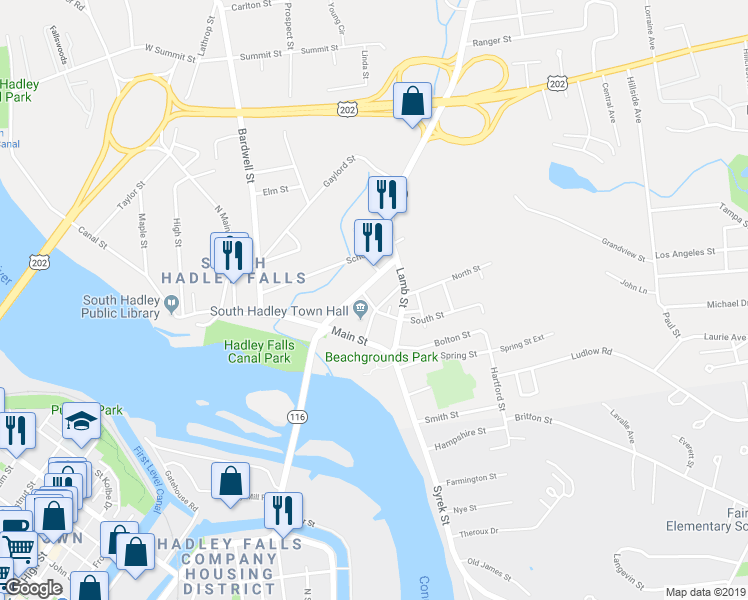 map of restaurants, bars, coffee shops, grocery stores, and more near 18 Pleasant Street in South Hadley