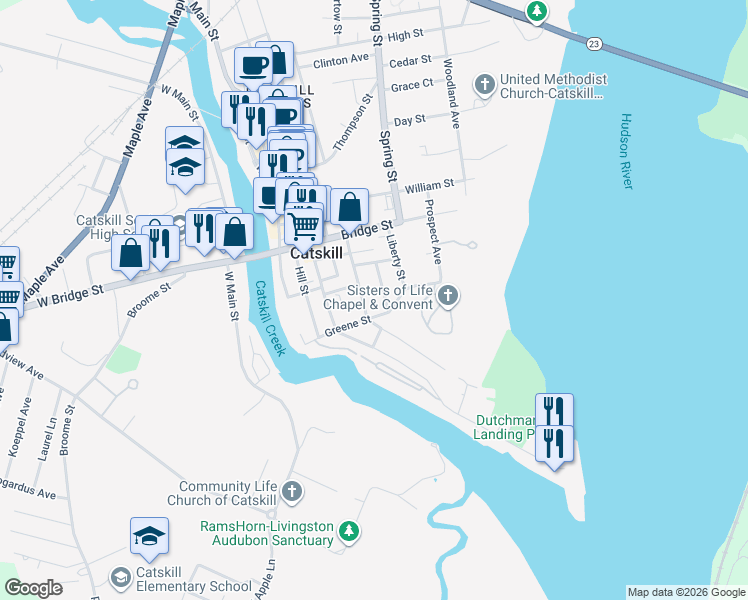 map of restaurants, bars, coffee shops, grocery stores, and more near 14 York Street in Catskill