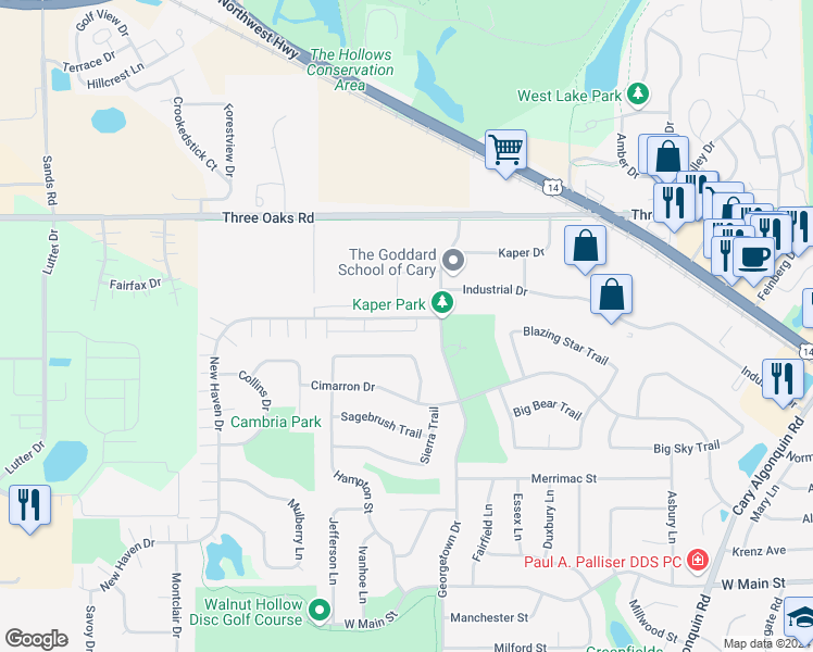 map of restaurants, bars, coffee shops, grocery stores, and more near 1124 East Danbury Drive in Cary