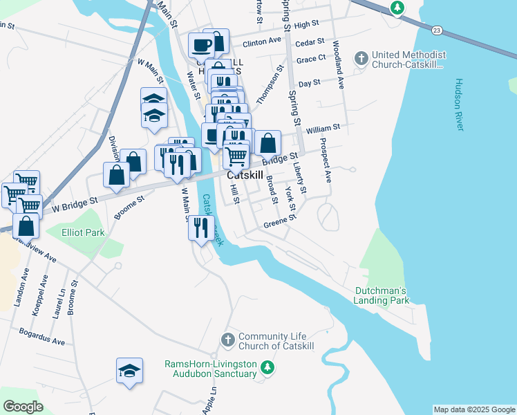 map of restaurants, bars, coffee shops, grocery stores, and more near 270 Main Street in Catskill
