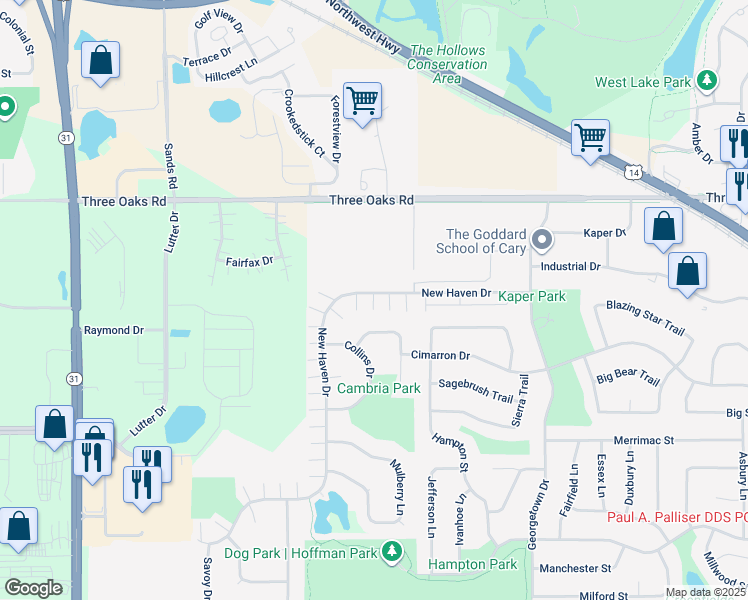 map of restaurants, bars, coffee shops, grocery stores, and more near 1361 New Haven Drive in Cary