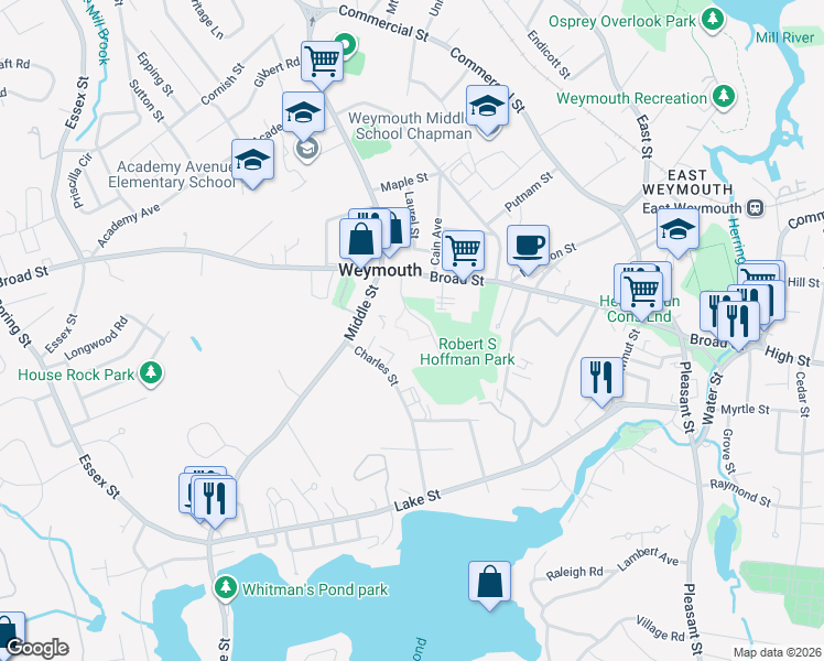 map of restaurants, bars, coffee shops, grocery stores, and more near 601 Broad Street in Weymouth