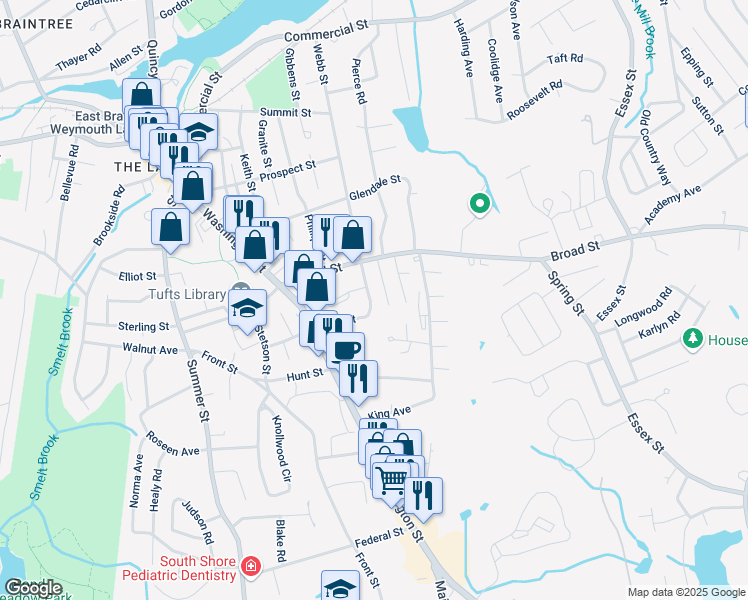 map of restaurants, bars, coffee shops, grocery stores, and more near 36 Foye Avenue in Weymouth