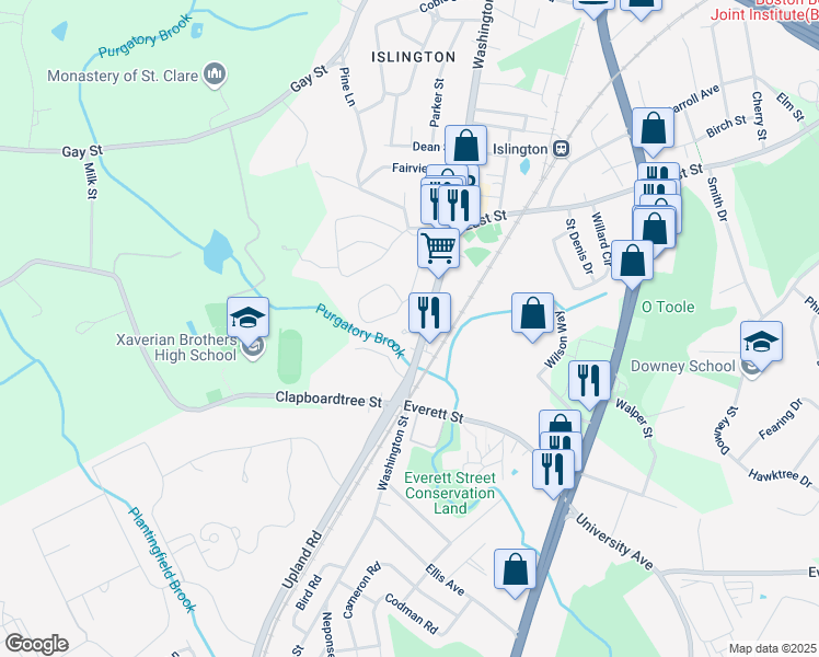 map of restaurants, bars, coffee shops, grocery stores, and more near 1 Park Circle in Westwood