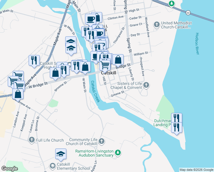 map of restaurants, bars, coffee shops, grocery stores, and more near 285 Main Street in Catskill