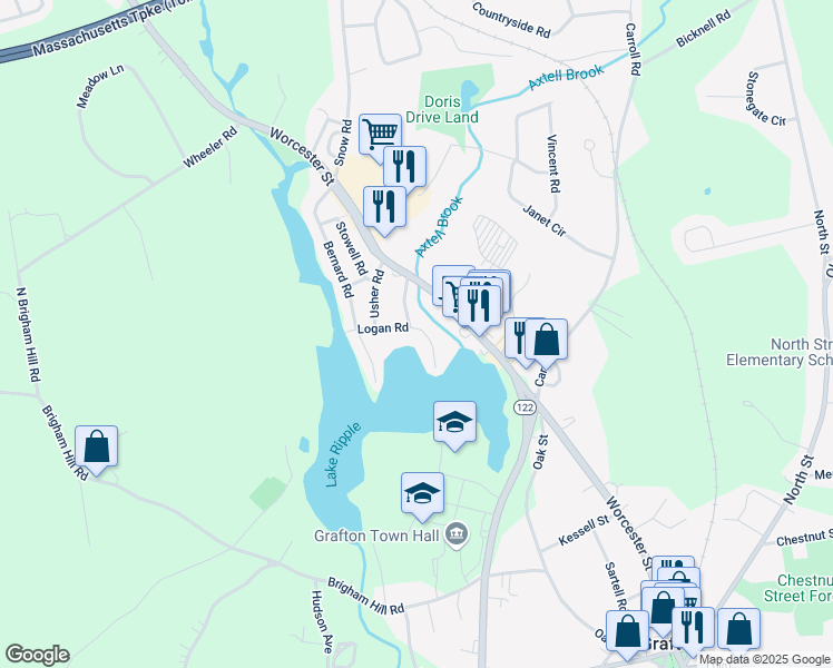 map of restaurants, bars, coffee shops, grocery stores, and more near 14 Logan Road in Grafton
