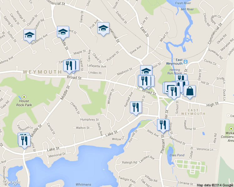 map of restaurants, bars, coffee shops, grocery stores, and more near 48 Hillcrest Rd in Weymouth