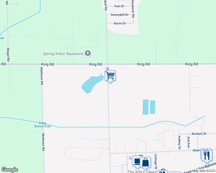map of restaurants, bars, coffee shops, grocery stores, and more near 3222 Chapel Road in Spring Arbor