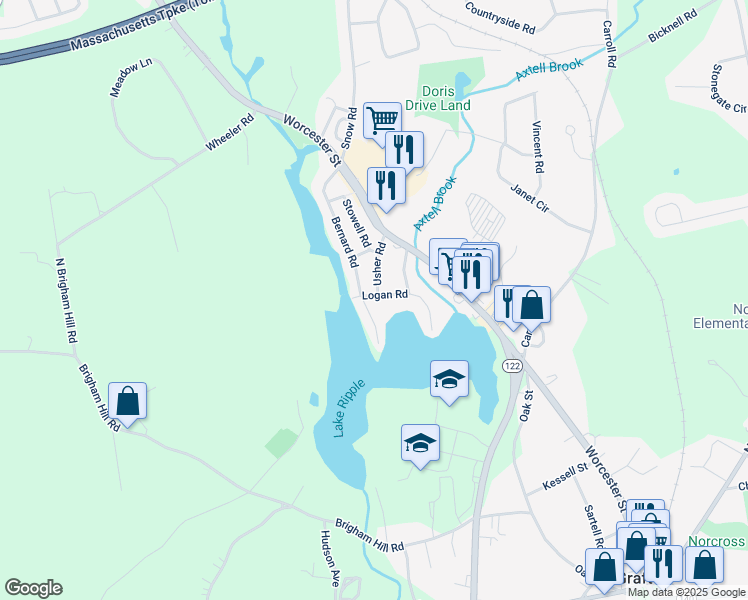 map of restaurants, bars, coffee shops, grocery stores, and more near 4 Logan Road in Grafton