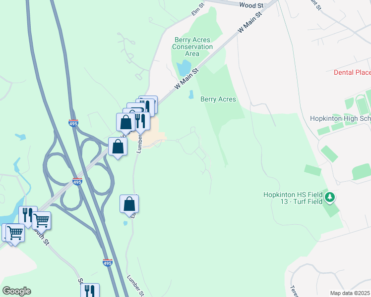 map of restaurants, bars, coffee shops, grocery stores, and more near 1 Constitution Court in Hopkinton