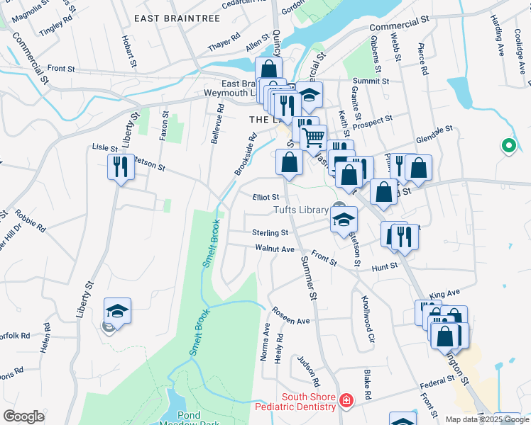 map of restaurants, bars, coffee shops, grocery stores, and more near 37 Williams Street in Braintree