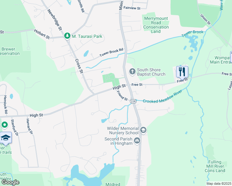 map of restaurants, bars, coffee shops, grocery stores, and more near 26 Friend Street in Hingham