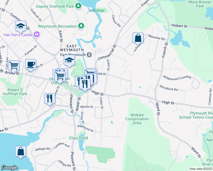 map of restaurants, bars, coffee shops, grocery stores, and more near 30 Grant Street in Weymouth