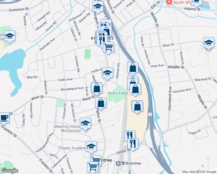 map of restaurants, bars, coffee shops, grocery stores, and more near 482 Washington Street in Braintree