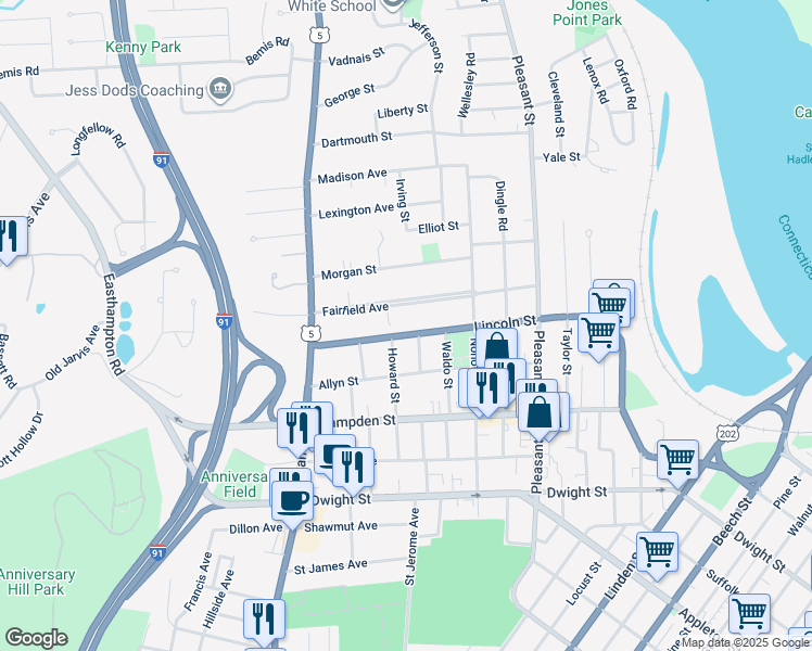 map of restaurants, bars, coffee shops, grocery stores, and more near 119-123 Lincoln Street in Holyoke