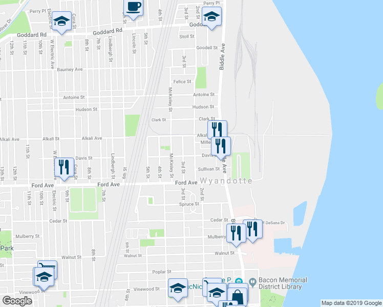 map of restaurants, bars, coffee shops, grocery stores, and more near 198 Davis Street in Wyandotte